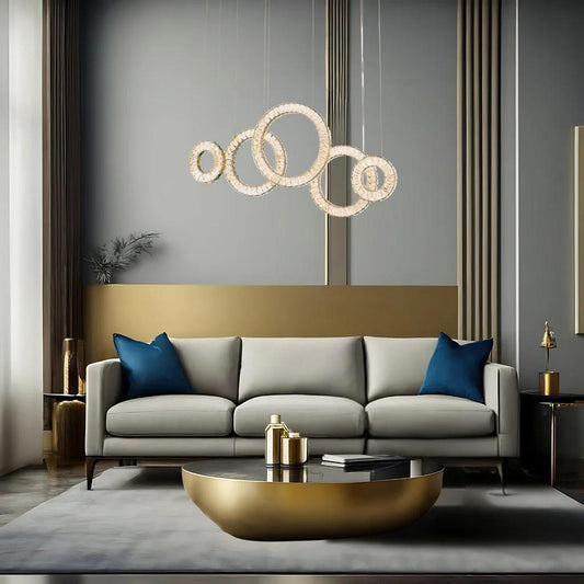 Gold island pendant, by Maple, for kitchen island or dining, angled view