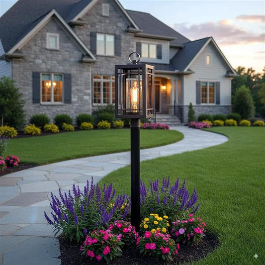 Outdoor post lantern, by Quoizel, for driveway or front yard, angled view