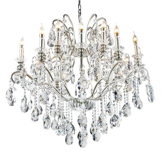 Metal + clear glass chandelier, by Maple, angled view