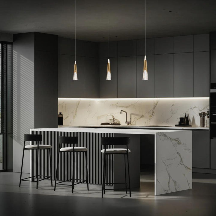 Aged brass finish pendant light, by Modern Forms, for kitchen island or dining, angled view
