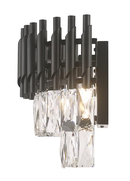 Black finish with crysta wall sconce, by Maple, for hallway or living room, angled view