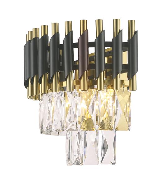 Black & gold finish with crysta wall sconce, by Maple, for hallway or living room, angled view
