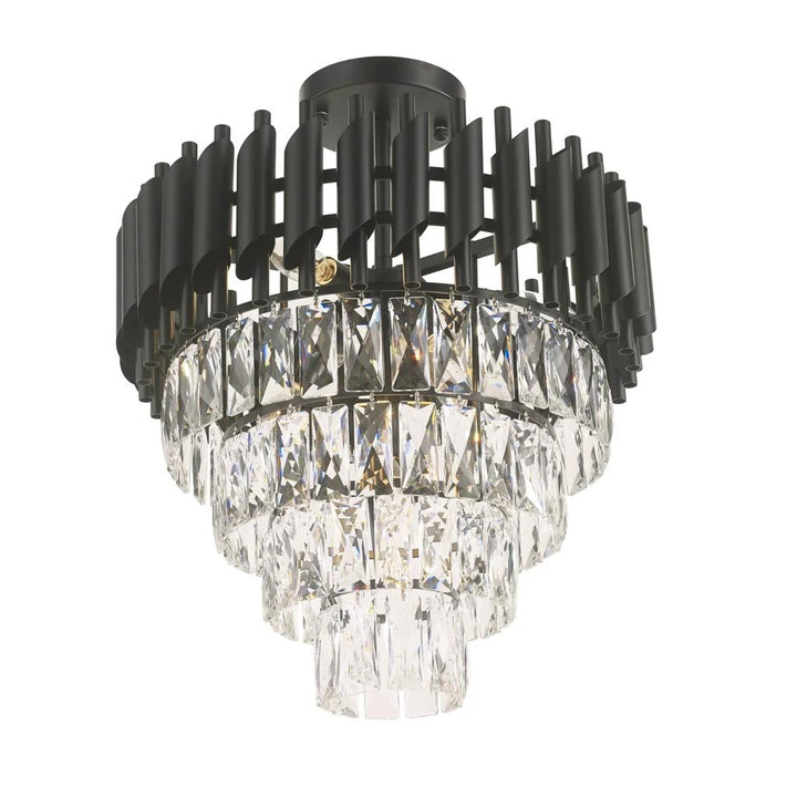 Gold + clear crystal semi-flush mount ceiling light, by Maple, for hallway, bedroom, or entryway, side view