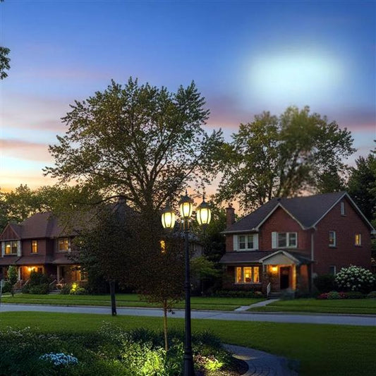 Outdoor post lantern, by Artcraft, for driveway or front yard, angled view