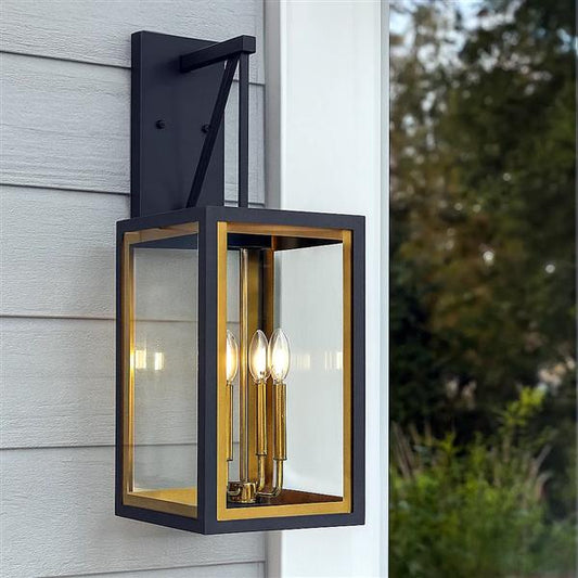 Gold+black wall sconce, by Maple, for hallway or living room, angled view