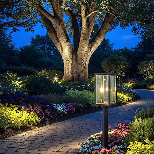 Gold+ black outdoor post lantern, by Maple, for driveway or front yard, angled view