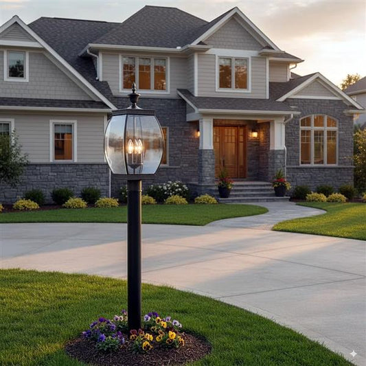 Outdoor post lantern, by Quoizel, for driveway or front yard, angled view