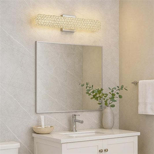 Chrome finish bath bar, by Maple, for bathroom, angled view