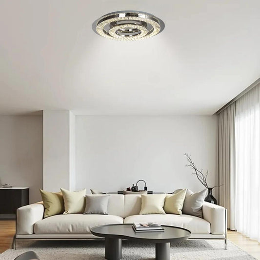 Chrome flush-mount ceiling light, by Maple, for hallway, bedroom, or entryway, angled view