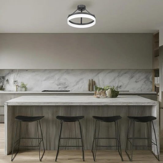 Sandy black semi-flush mount ceiling light, by Maple, for hallway, bedroom, or entryway, angled view