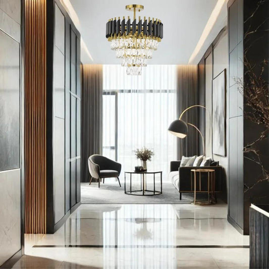 Black & gold+ clear crystal semi-flush mount ceiling light, by Maple, for hallway, bedroom, or entryway, angled view