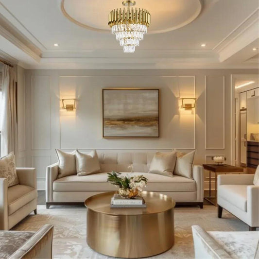 Gold + clear crystal semi-flush mount ceiling light, by Maple, for hallway, bedroom, or entryway, angled view