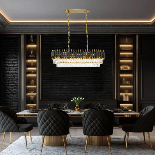 Black & gold metal + clear crystal chandelier, by Maple, angled view