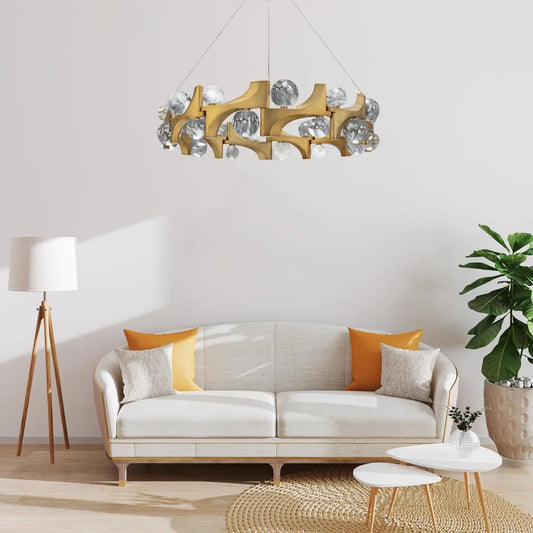 Aged brass pendant light, by Schonbek, for kitchen island or dining, angled view