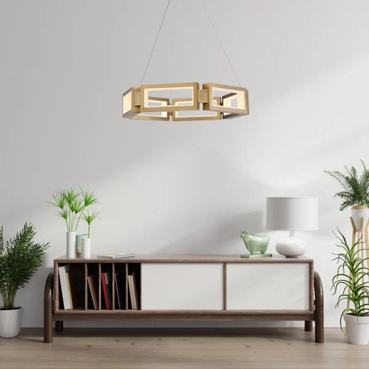 Aged brass finish chandelier, by Modern Forms, angled view