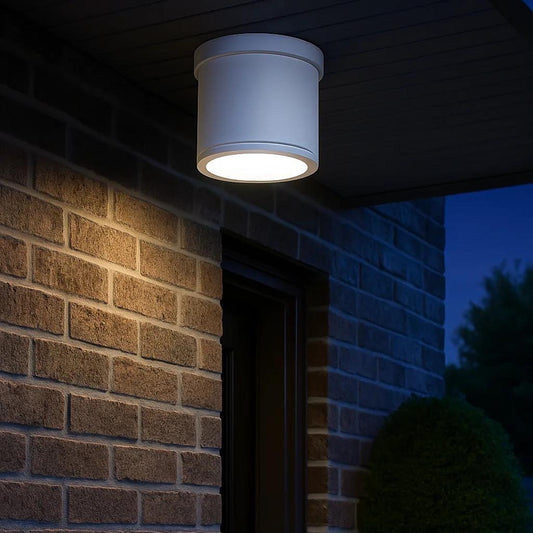 White ceiling light, by WAC, for hallway, bedroom, or entryway, angled view