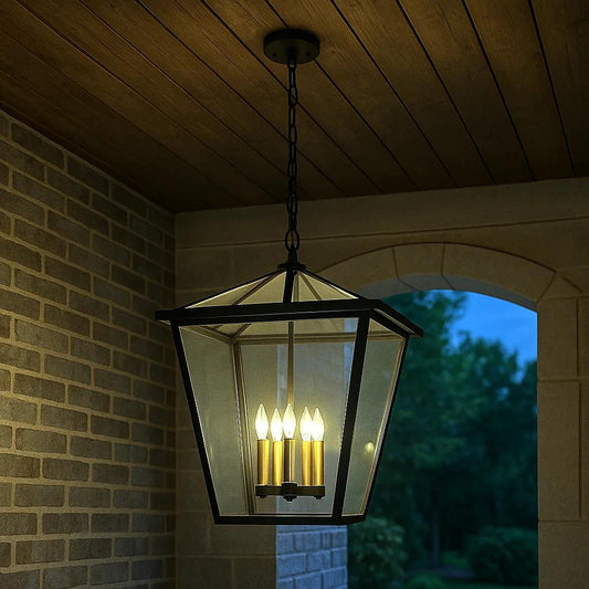 Black(black+ gold candle holders) ceiling light, by Maple, for hallway, bedroom, or entryway, angled view