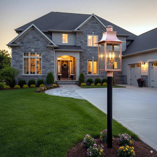 Outdoor post lantern, by Quoizel, for driveway or front yard, angled view