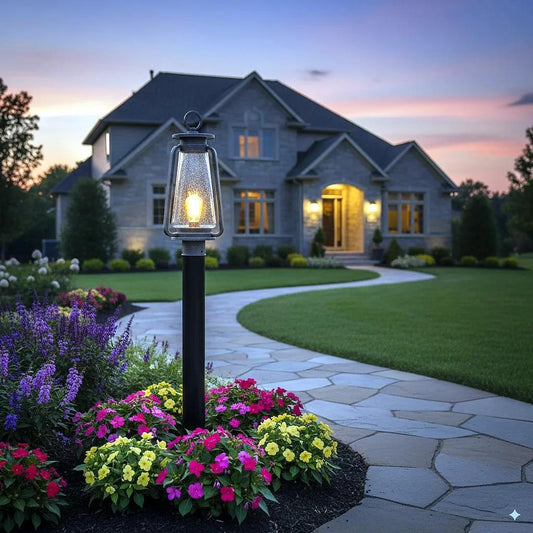 Outdoor post lantern, by Quoizel, for driveway or front yard, angled view