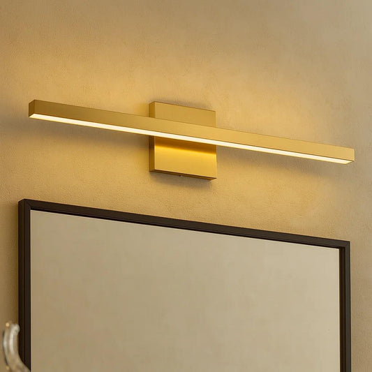 Gold vanity light, by Maple, for bathroom, angled view