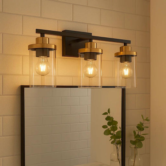 Black finish vanity light, by Maple, for bathroom, angled view
