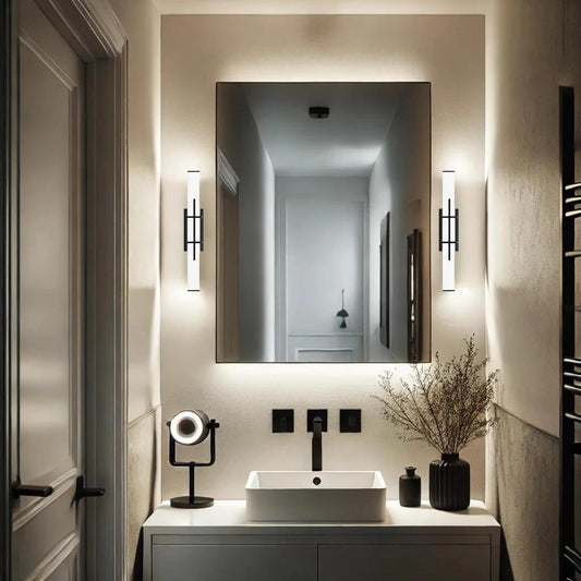 Black finish bath bar, by Maple, for bathroom, angled view