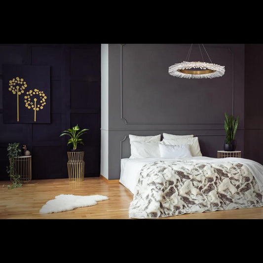 Aged brass pendant light, by Schonbek, for kitchen island or dining, room scene