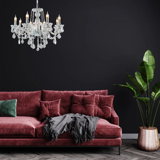 Chrome metal+ clear glass+crystal chandelier, by Maple, angled view