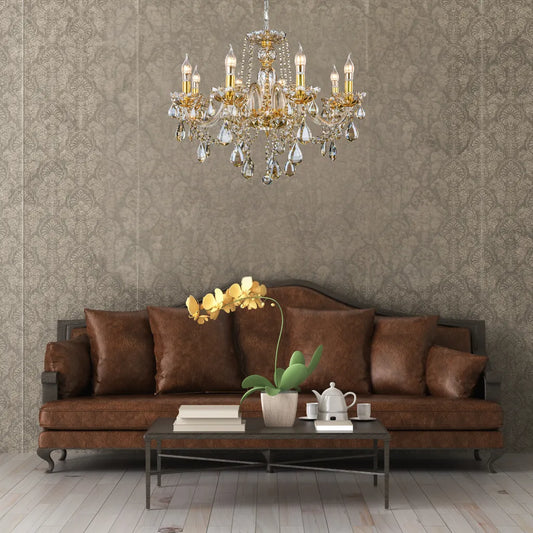 Gold metal + dark cognac glass chandelier, by Maple, angled view