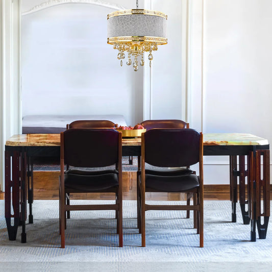 Gold finish chandelier, by Maple, angled view