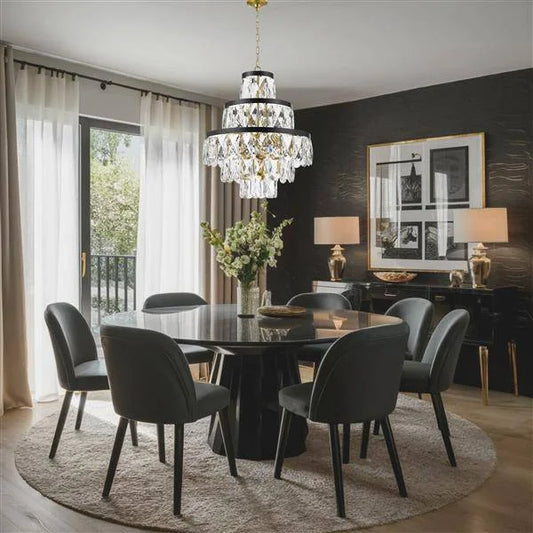 Gold+black finish with crystal chandelier, by Maple, angled view