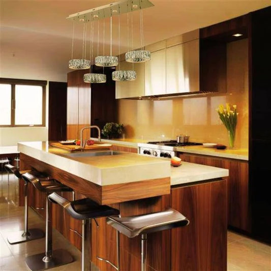 Gold island pendant, by Maple, for kitchen island or dining, angled view