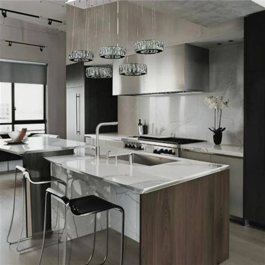 Chrome island pendant, by Maple, for kitchen island or dining, angled view