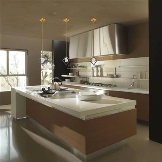 Gold+ black pendant light, by Maple, for kitchen island or dining, angled view