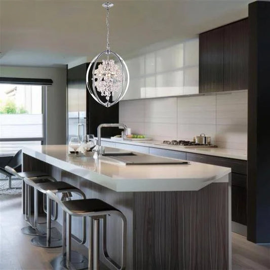 Chrome + crystal chandelier, by Maple, angled view