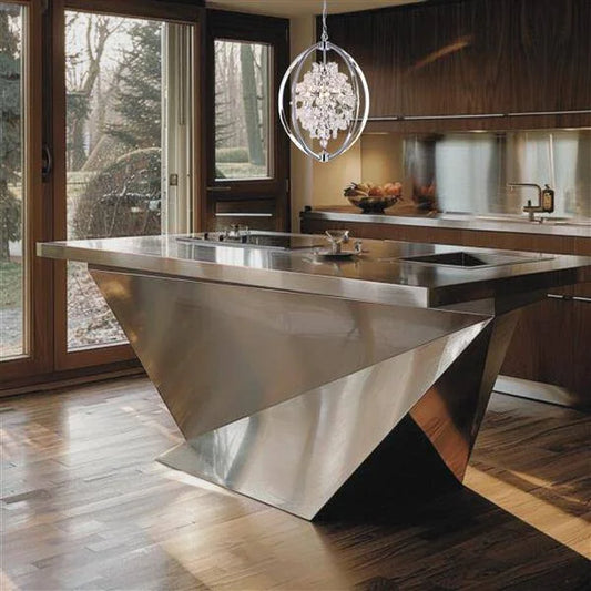 Chrome + clear crystal chandelier, by Maple, angled view