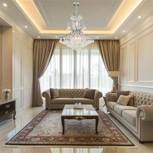 Chrome+ clear crystal chandelier, by Maple, angled view