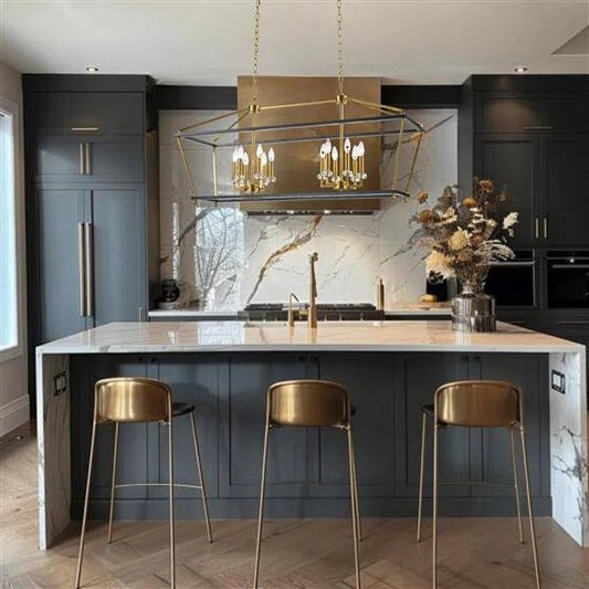 Gold & black finish + crysta island pendant, by Maple, for kitchen island or dining, angled view