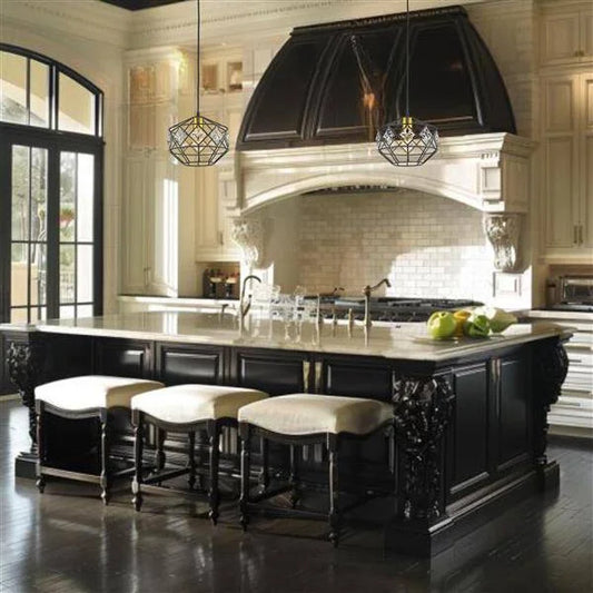 Matt black+ stain brass +crystal pendant light, by Maple, for kitchen island or dining, angled view