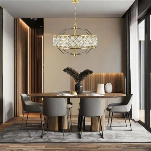 Matt black+ stain brass+ clear crystal chandelier, by Maple, angled view