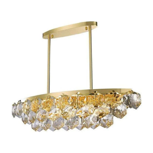 Gold finish + clear crystal island pendant, by Maple, for kitchen island or dining