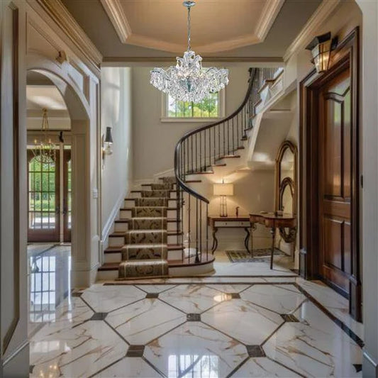 Chrome+ clear crystal chandelier, by Maple, angled view