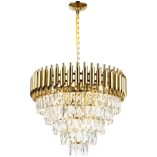 Gold metal + clear crystal chandelier, by Maple