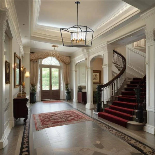 Black& gold+ clear glass pendant light, by Maple, for kitchen island or dining, angled view