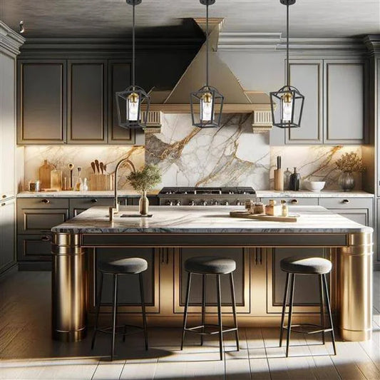 Black&+ gold + clear glass pendant light, by Maple, for kitchen island or dining, angled view