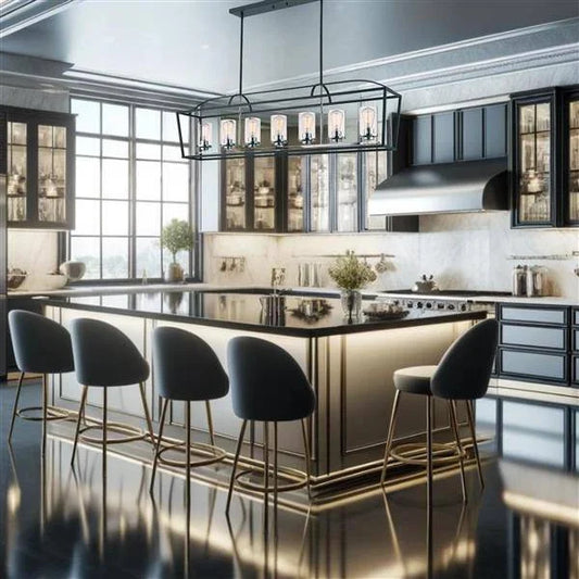 Black& gold + clear glass island pendant, by Maple, for kitchen island or dining, angled view