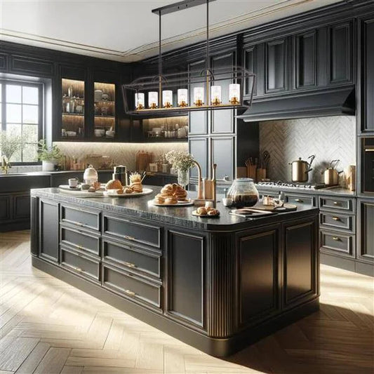 Black& gold + clear glass island pendant, by Maple, for kitchen island or dining, angled view