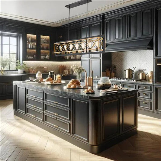 Black& gold island pendant, by Maple, for kitchen island or dining, angled view