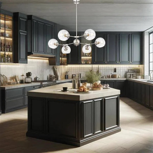 Brushed nickel + clear glass pendant light, by Maple, for kitchen island or dining, angled view