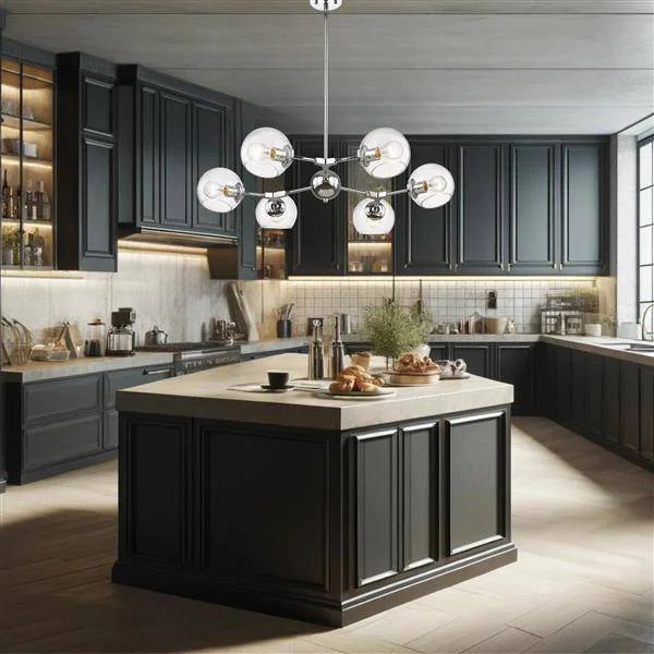 Chrome + clear glass pendant light, by Maple, for kitchen island or dining, angled view